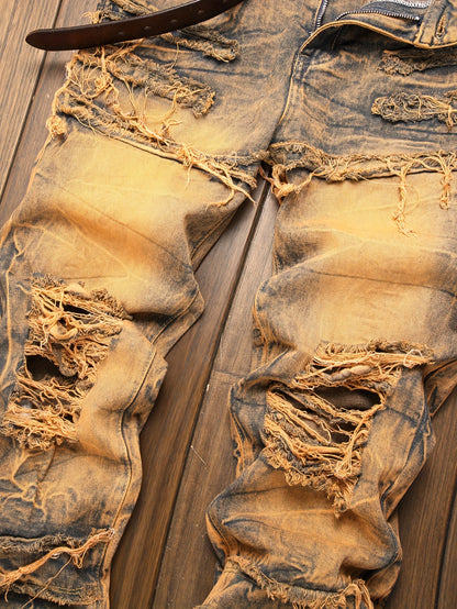 Fashion Trends Stacked Multi-post Fabric Tassels Holes Irregular Tie Flower Splashed Ink Jeans Casual Men's Trousers