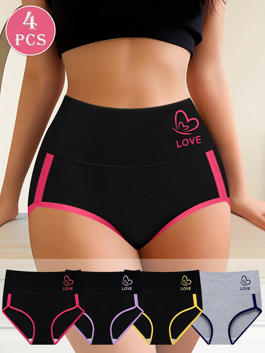 4pcs Women's High Waist Briefs, Underwear for Women Color Block Design, Printed Pattern, Soft & Comfortable Daily Triangle Underwear