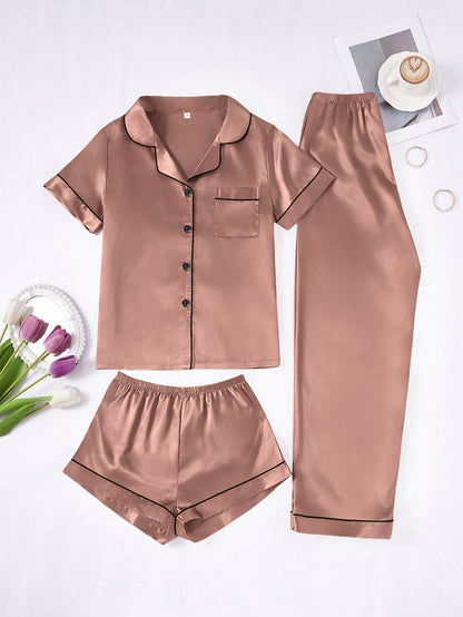 Solid Color Women'S Simple And Comfortable 3pcs Pajama Set, Includes 3pcss: Collared Short-Sleeve Top & Elastic Waist Shorts & Elastic Waist Long Pants Women'S Pajama Set