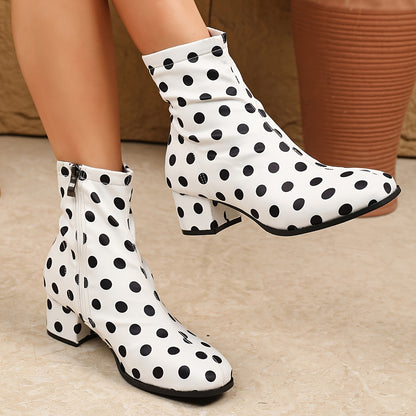 1 Pair Of Polka Dot Boots, Thick Heel Square Toe Zipper Boots, Women's Boots, Women's Fashionable Polka Dots, And Nude Boots, Simple And Versatile Fashionable Short Boots for Women, Women Shoes