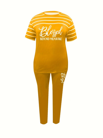 Plus Size, Ladies Plus Size 2pcs Suit, Letter Printing with Blessing, Pinstripe Coat, Trousers with Pockets, Ladies' Daily Casual Fashion Suit.