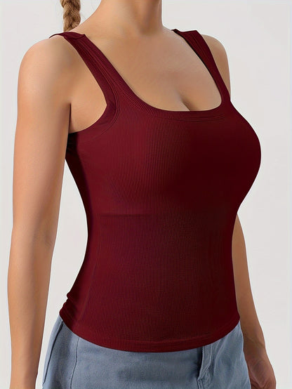 A Plain Scoop Neck Tank Top, Perfect for Casual Summer Wear, Featuring Removable Chest Padding for a Slim Fit, Designed for Women