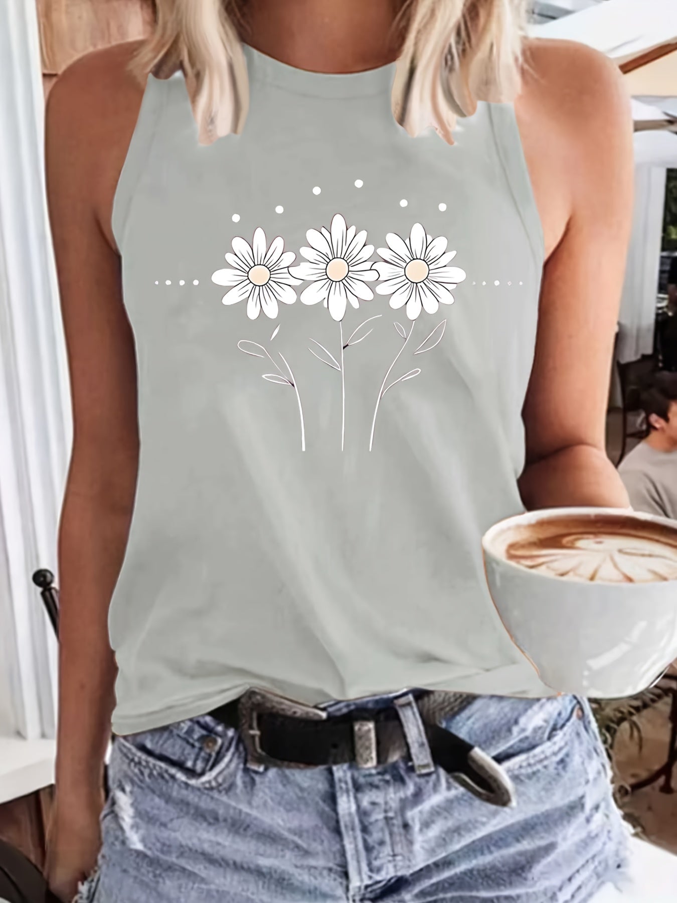 [Lightweight Summer Tops] Flower Pattern Print Crew-Neck Vest, Casual Sleeveless Women's Tops, Lightweight And Breathable, Suitable For Summer And Spring, Women's Clothing