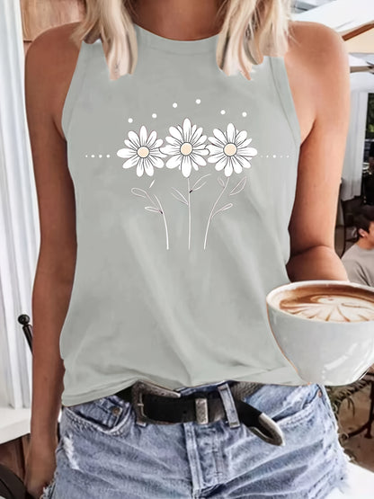 [Lightweight Summer Tops] Flower Pattern Print Crew-Neck Vest, Casual Sleeveless Women's Tops, Lightweight And Breathable, Suitable For Summer And Spring, Women's Clothing
