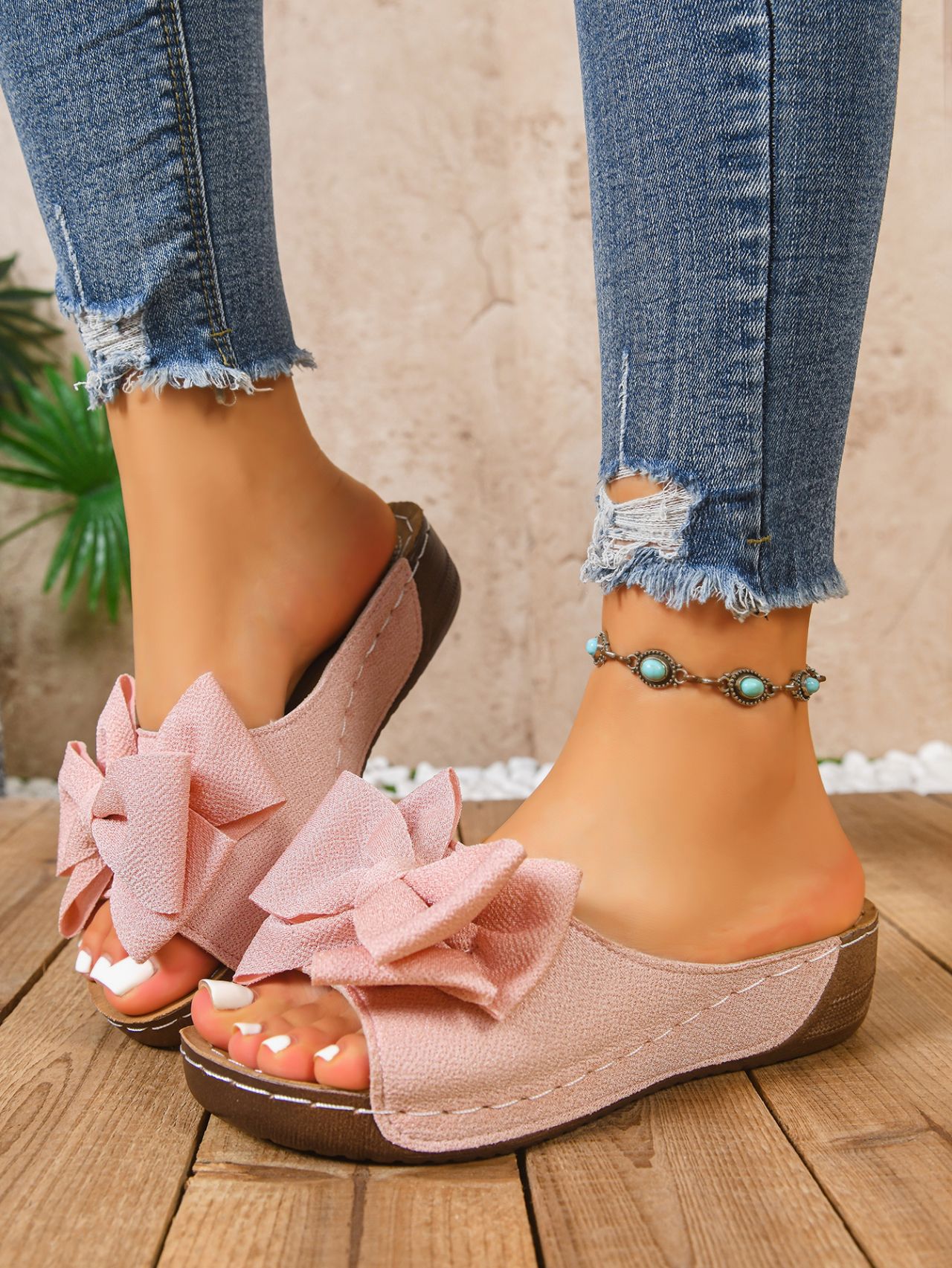 Women's Wedge Slippers, Women's Summer Slippers, Fashionable Bow Tie Strap Design, Summer Home Sandals, Elegant, Stylish, Lightweight, and Comfortable Wedge Thick Sole Slippers, Women Shoes