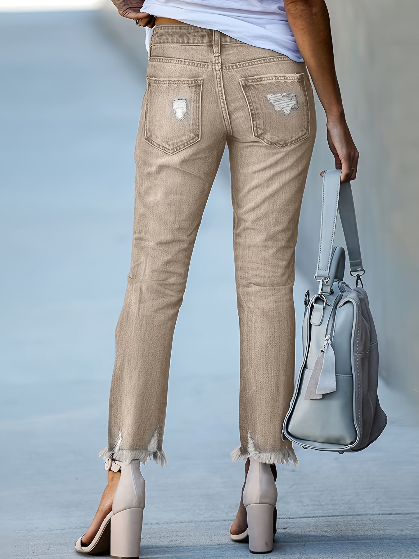 26AW Women's Elastic Khaki Vintage Multi-Purpose Casual Fashion-Elegant Waistband Pocket Machine Washable Durable Slim Fit Hole-Rounded Flowing Fringe Short A-Line Denim Pants Street Trendy Style