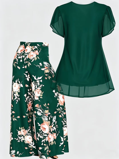Plus Size - New Women'S Solid Color Top And Printed Pants Chiffon Fashion Style Set Top And Pants Two Piece Set