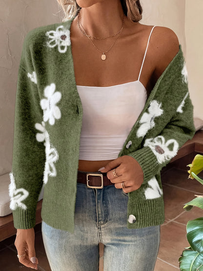 Women's Printed Button Cardigan V-neck Drooping Shoulder Coat