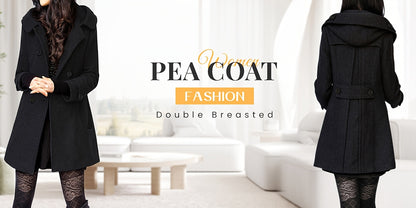 Women'S Hooded Double-Breasted Wool Blend Mid-Length Elegant Casual Coat