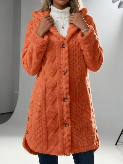 Hooded Fuzzy Coat Mid-Length Jacket with Buttons Soft Warm Winter Fall Outfits 5 Colors