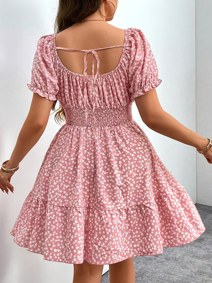 Plus Size - Plus Size - Midi Dress for a Bohemian Vacation in Plus Sizes - Featuring a Square Neckline, Short Puff Sleeves, Gathered Details, a Ruffled Hem, Made from with a Bit of Stretch, Perfect for Casual Weekends in Spring And Summer