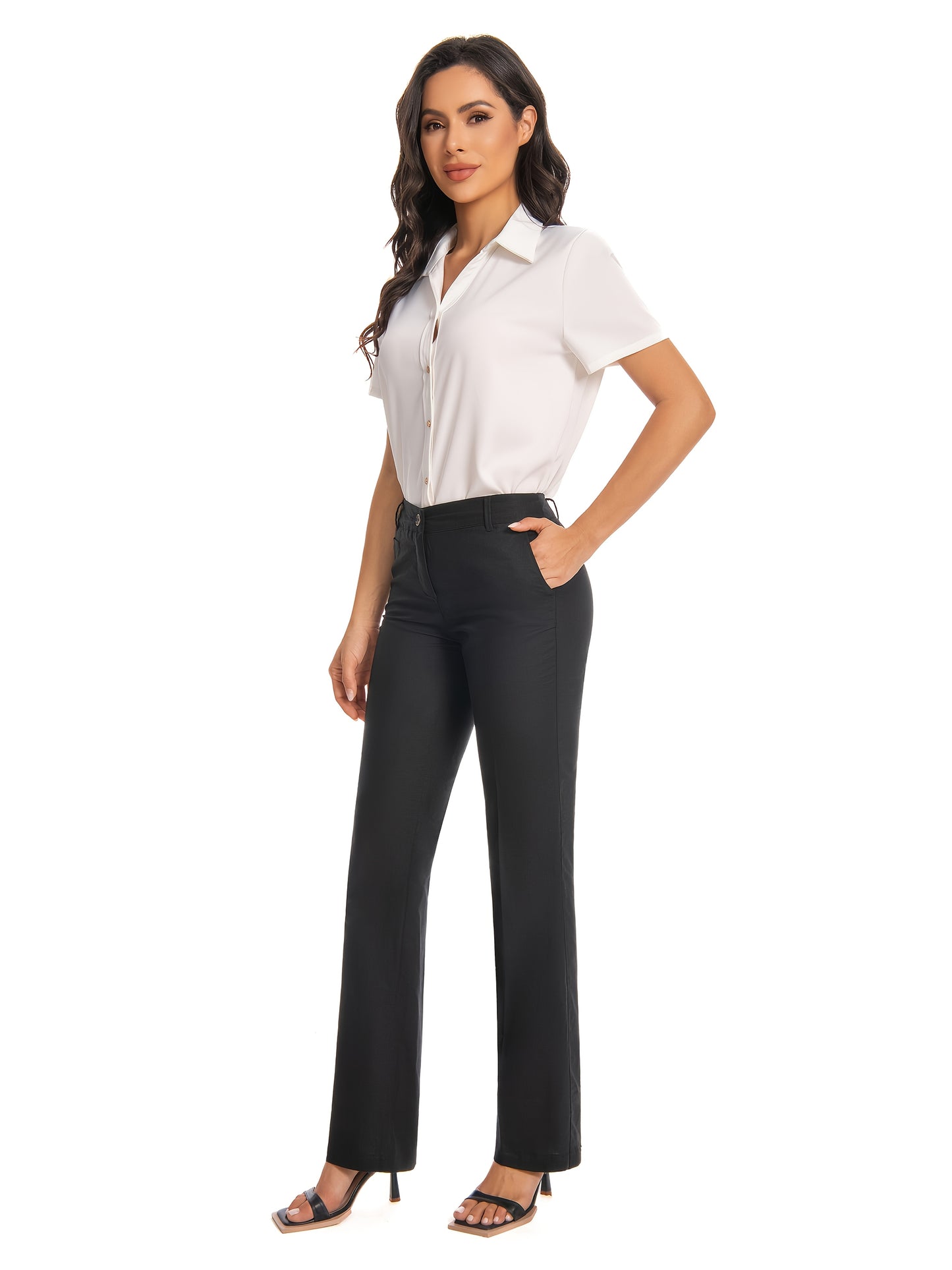 Women'S Black Work Pants Stretch High Waist Straight Leg Trousers with Pockets Office Casual Travel Daily Wear