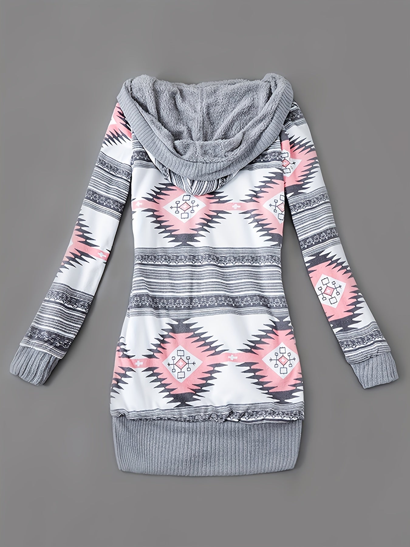 Women'S Fall Winter Casual Hooded Jacket, Warm Fleece Lined Long Sleeve Coat with Geometric Pattern And Colorblock Design