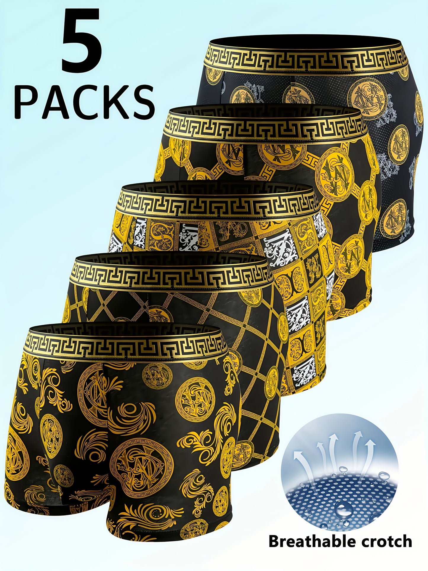 Men's Luxury Flat Corner Underwear - 5pcs Random Set, Elastic, Daily Casual, Black Golden Printed, A Great Gift for Him