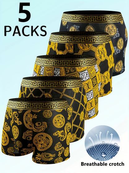 Men's Luxury Flat Corner Underwear - 5pcs Random Set, Elastic, Daily Casual, Black Golden Printed, A Great Gift for Him