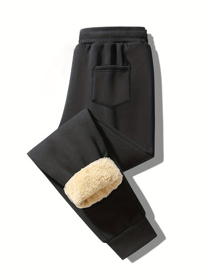 2pcs Winter Men's Warm Lamb's Fleece Casual Pants, Loose-Fit Essential for Home and Daily Wear, Simple Fleece-Lined Casual Pants with Elastic Waistband, Hidden Zipper Pocket Design, Cuffed Hem for Warmth, Loose and Long Fit. Simple and Versatile