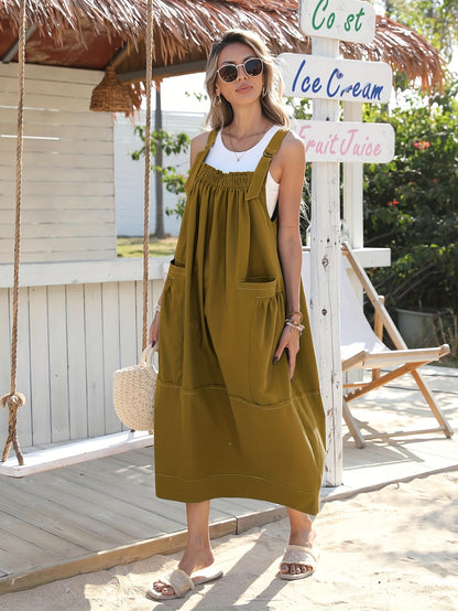 [Loose Midi Dress] Women's Loose Adjustable Strap Midi Overall Dress with Big Pockets in Workwear Style