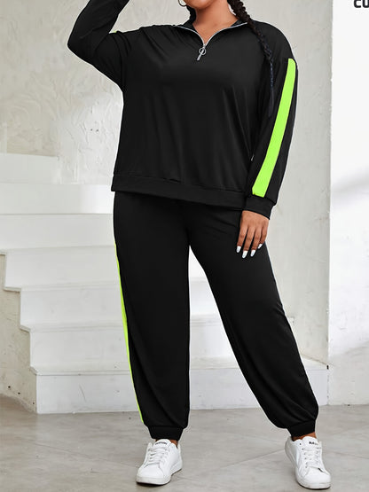 Plus Size, Plus Size Women's Spring And Autumn Contrast Color Casual Suit, Half Zip Pullover Long Sleeve Top And Trousers Two-Piece Set