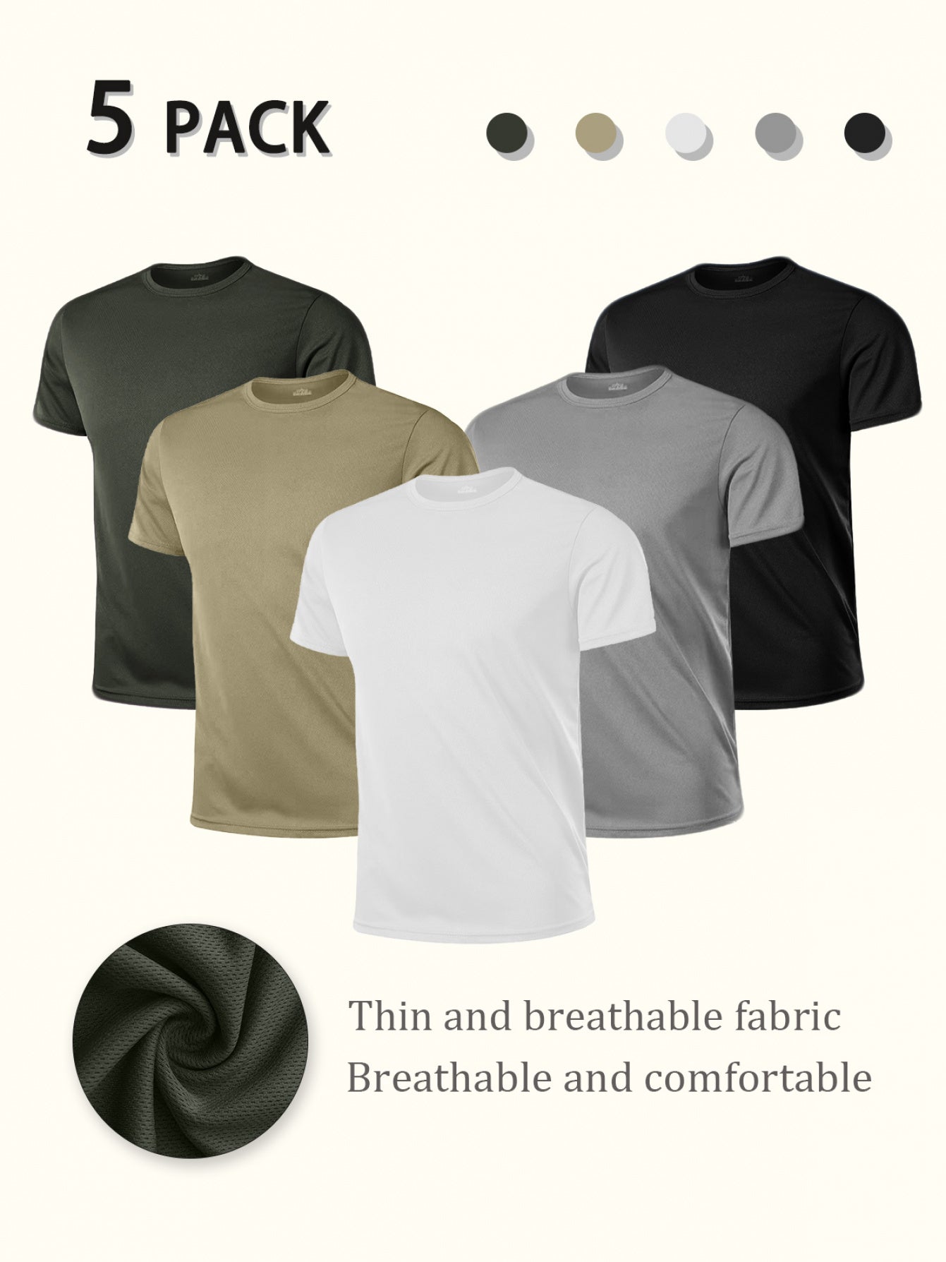 5-Pc Men'S Casual Comfortable T-Shirts, Breathable, Moisture-Wicking Crew Neck Short-Sleeve Tops, Stylish Short-Sleeve Tops, All-Season Clothing, Suitable for Running, Casual Wear, Layering, Thanksgiving T-Shirts, Thanksgiving Gifts