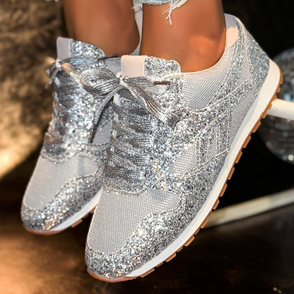 Women'S Slip-On Sneakers Glitter Pink with Sequin Decoration Casual Round Toe Lace-Up Shoes Thick Cushioning Sole PU Material Upper Four Seasons Comfortable Casual Wear Women'S Sneakers, Women Shoes