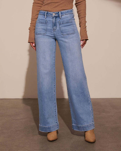 1pc Women'S High-Waist Wide-Leg Jeans, Vintage Wash Trousers with Pocket Detail, Trendy Loose-Fit Pants Casual Outfits
