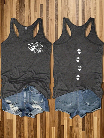 Women's Casual Sleeveless Round Neck Vest - Double-Sided Cat & Dog Paw Print Design, Cotton Lightweight Summer Top, Machine Washable Pet Lover Apparel, Outdoor Relaxation Clothing, Nontransparent Fabric