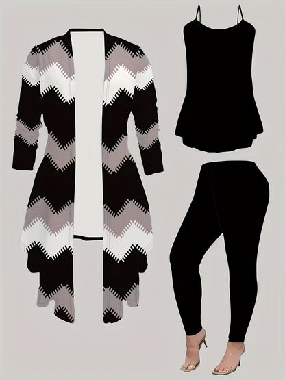 [Printed Cardigan Set] Women's 3pcs Set, Printed Cardigan Jacket Paired with Solid Color Casual Pants Vest Daily Set