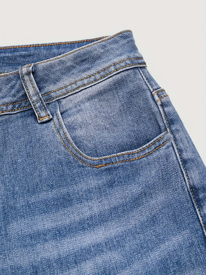 Women'S Plus Size Stone Washed Denim Pants, Ethnic Style Embroidered Skinny Straight Leg Pants