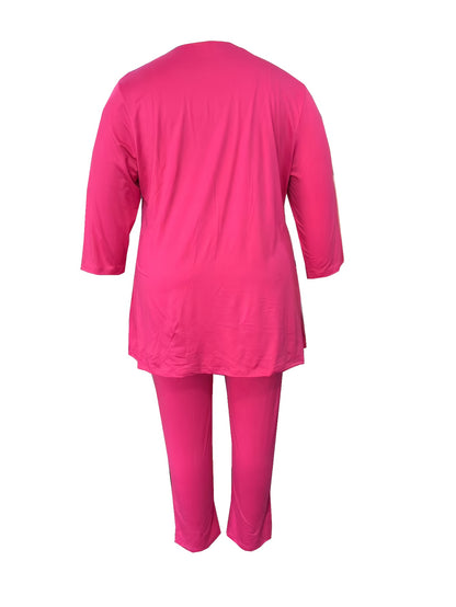 Plus Size - Plus Size Two-piece Set, Solid Color Round Neck 7-inch Sleeve Top And Pants Set, Women'S Two-piece Set