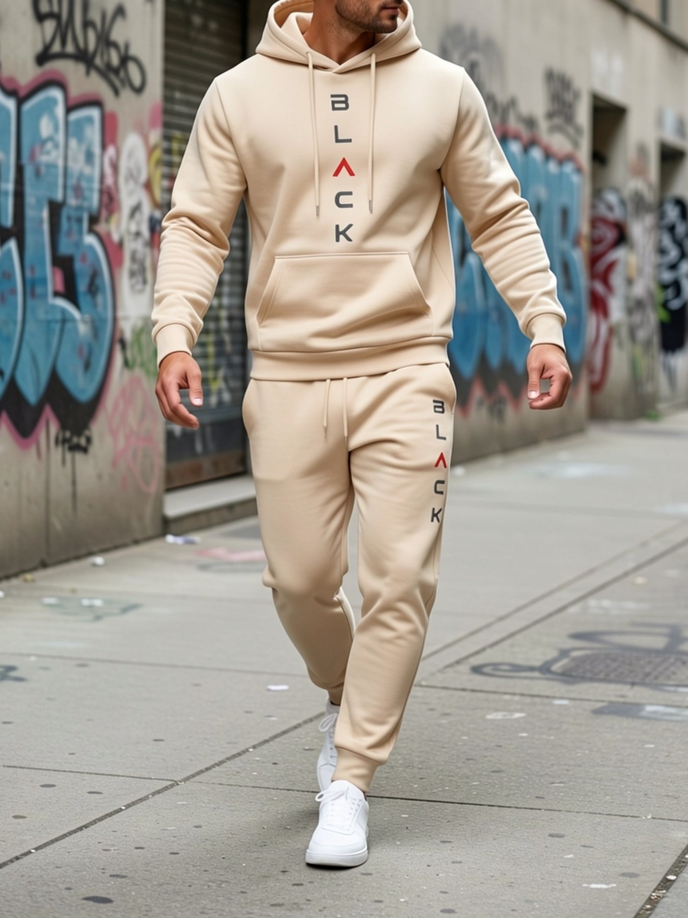 Men's Complete Outfit- Stylish Hooded Sweatshirt& Joggers Set with "BLACK" Print, Gray Casual Streetwear, Long Pants, and Matching Hoodie, Perfect for Fall/Winter, Cozy Clothing| Sporty Look| Nonstretch Fabric