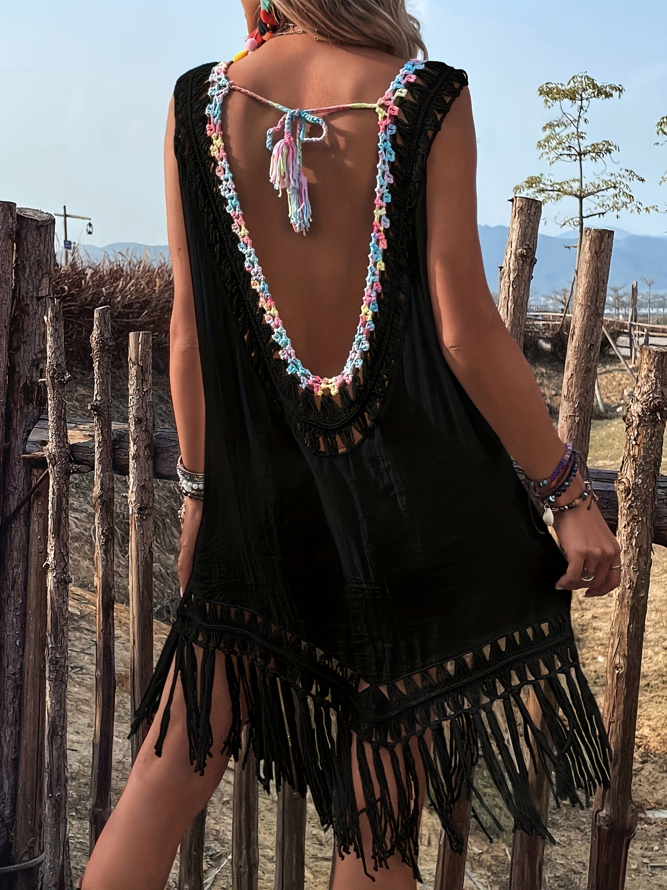 Women's Summer Vacation Style Hand Hook Splicing Color Thread Splicing Fringe V-neck Pullover Hollowed Out Beach Bikini Smock Skirt