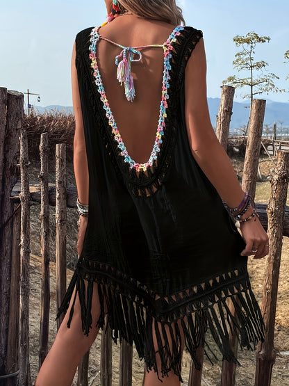 Women's Summer Vacation Style Hand Hook Splicing Color Thread Splicing Fringe V-neck Pullover Hollowed Out Beach Bikini Smock Skirt