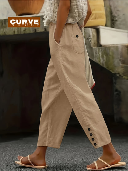 Plus Size - Spring, Summer And Autumn Large-sized Casual Trousers, Solid Color, Button Design, Elastic Waist, Pockets, Large-sized Women'S Harem Trousers For Casual Daily