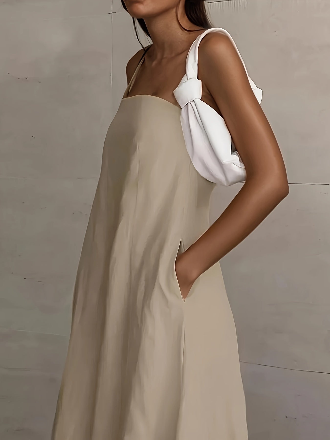 Linen Women's High-Waisted Strapless Backless Patchwork Pocket Dress Lightweight Casual Vacation Dress with Smooth Texture, Solid Color Long Dress for Spring Summer