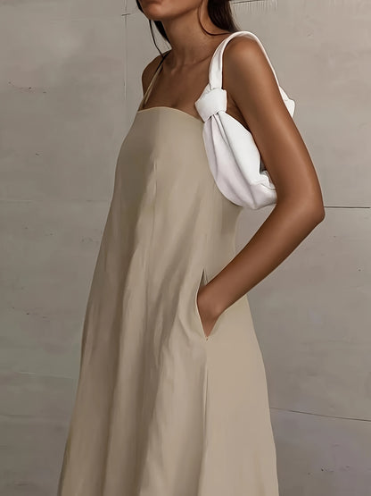 Linen Women's High-Waisted Strapless Backless Patchwork Pocket Dress Lightweight Casual Vacation Dress with Smooth Texture, Solid Color Long Dress for Spring Summer