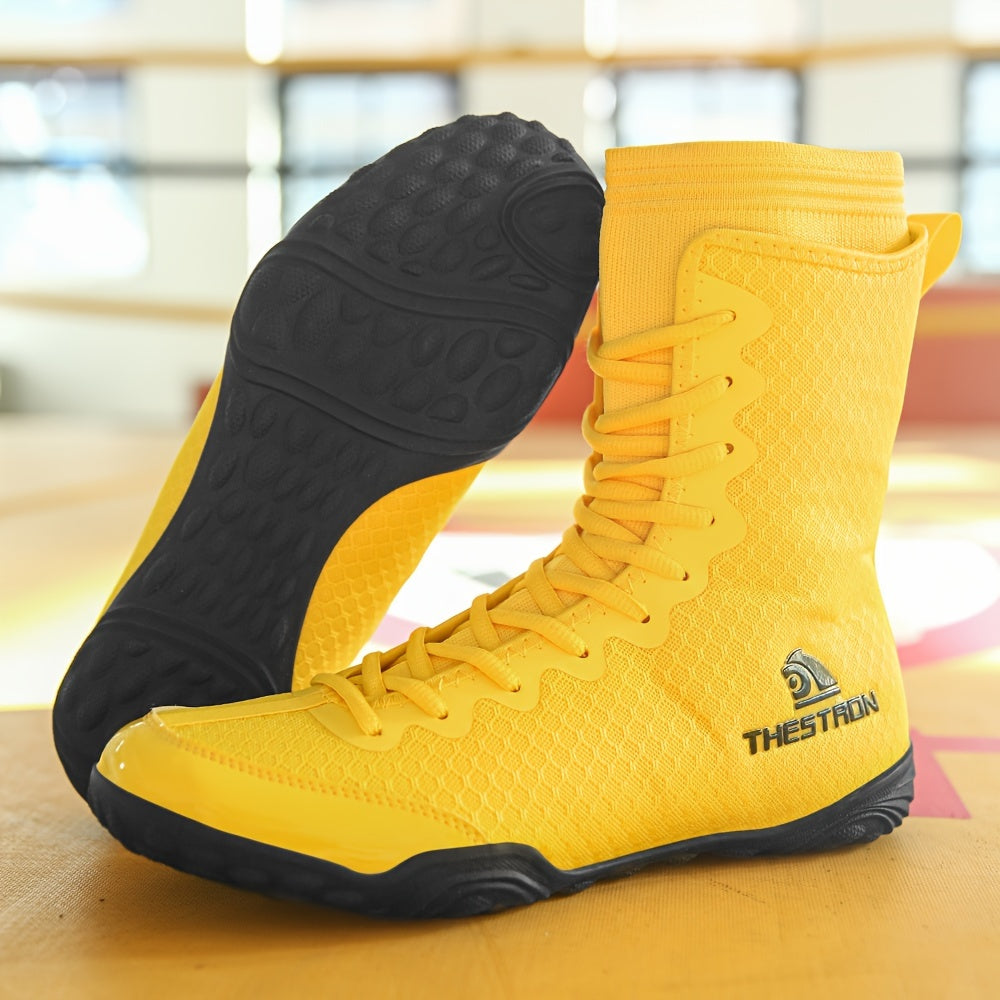 Men's High-Top Boxing Shoes - Non-Slip, Comfortable Wrestling & Training Sneakers for Indoor Sports, Black/White