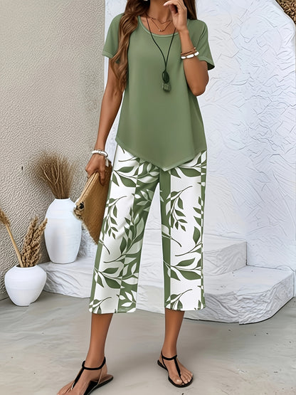 Spring and Summer Women's Casual 2pcs Set, Light Blue Short-sleeved Crew Neck Top, Blue and White Leaf Printing Seven-point Wide Legs, Loose and Comfortable, Daily Street Commuting Versatile Casual Suit, Casual Loungewear Suit