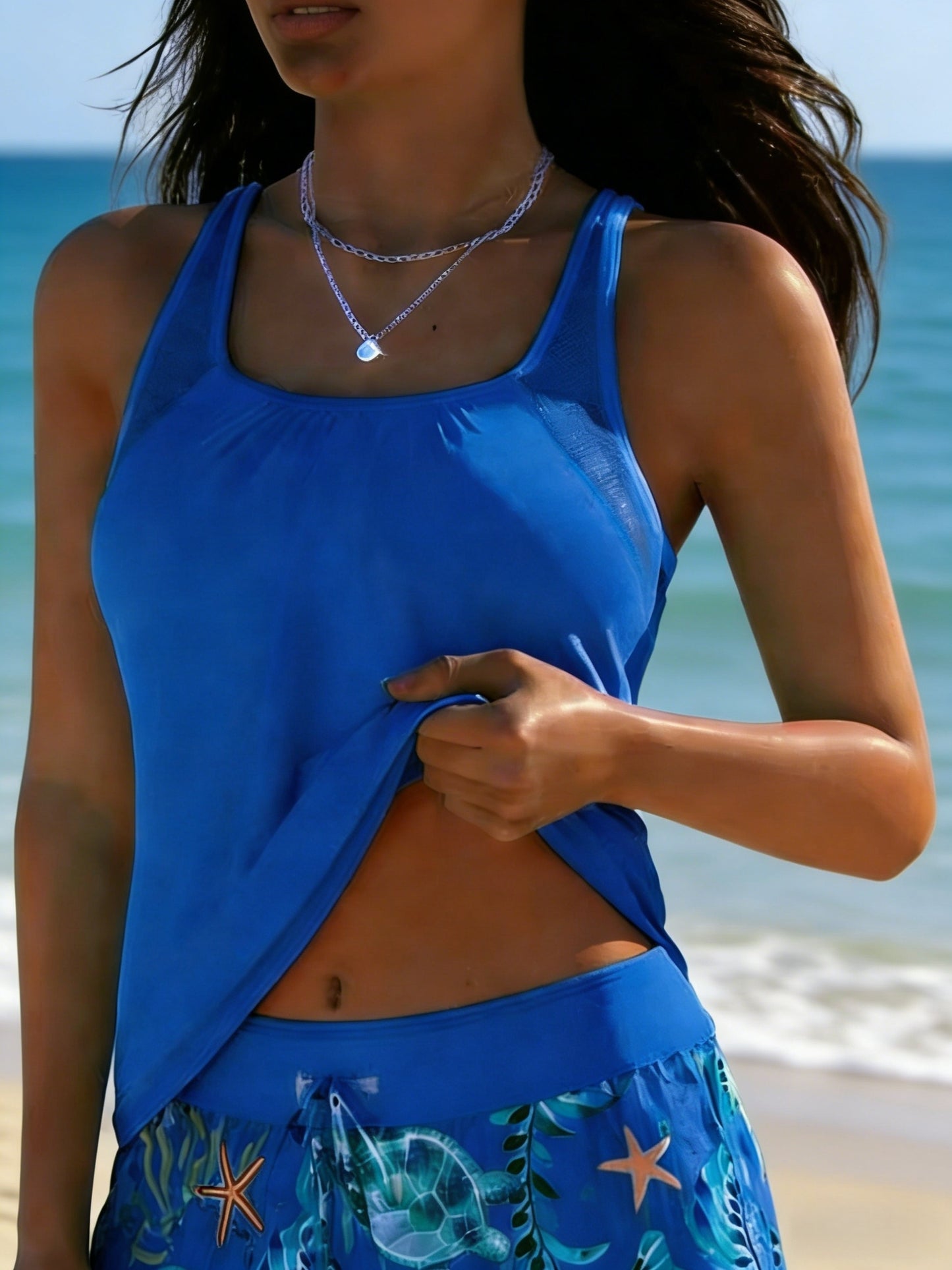 Women'S Mesh Tank Top And Drawstring Shorts With Hawaiian-Style Sea Turtle And Starfish Print: Tummy-Covering, Mesh-Paneled Two-Piece Vacation Swimsuit