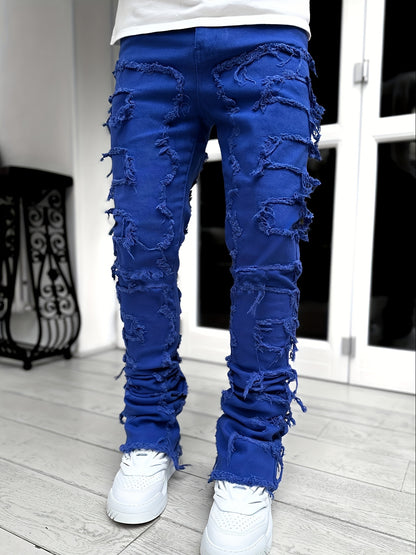 Men's Slim-Fit Straight-Leg Distressed Jeans with Tassel Details - Y2K Streetwear Hip-Hop Skateboard Style Stretch Denim, Machine-Washable All-Season Casual Pants, Casual Wear | Y2K Fashion | Faded Jeans