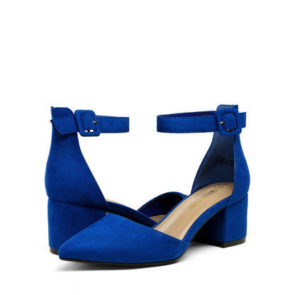 Pointed Toe Low Chunky Heels Pump Shoes Women Pumps with Ankle Strap