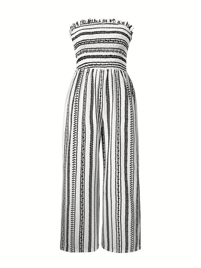 Elegant Black And White Printed Jumpsuits, Fashionable Striped Prints, Lapel Design, Off-The-Shoulder, Strapless, Perfect for Summer, Shopping, And Leisure Vacations, Floral Print Jumpsuit | Fabric