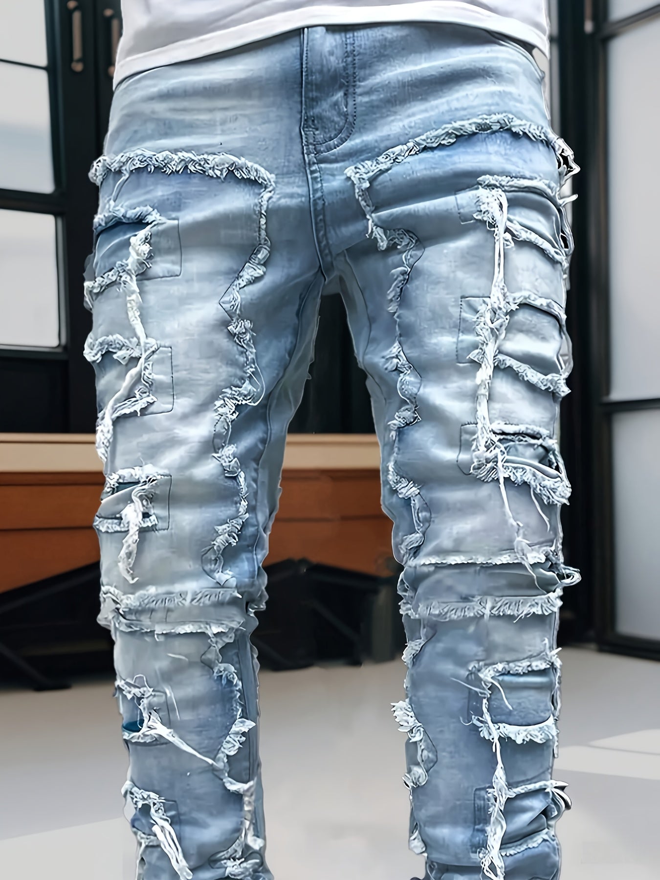 Men's Slim-Fit Distressed Frayed Hem Jeans - Stretch Denim with Mid-Rise Waist & Tapered Cuff, 64% Blend, All-Season Casual Pants for Outdoor & Casual Attire