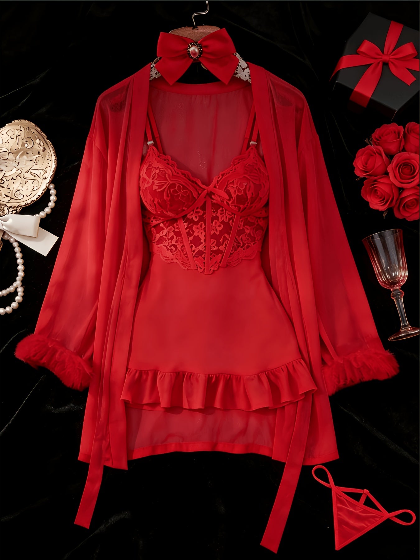 [3pcs Sheer Lace Set] Women's Lingerie 3pcs Sheer Lace Babydoll Set With Robe And Panty See Through Trim Mesh Sleepwear Sexy Nightwear