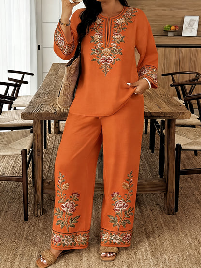 Women's Standard Size Long-sleeve and Long-pants 2pcs Set, Spring/summer New V-neck Buttoned Three-quarter Sleeve Shirt with Printed Elastic Waistband Long Pants, 2pcs Set, Digital Print, Machine Washable, Fabric