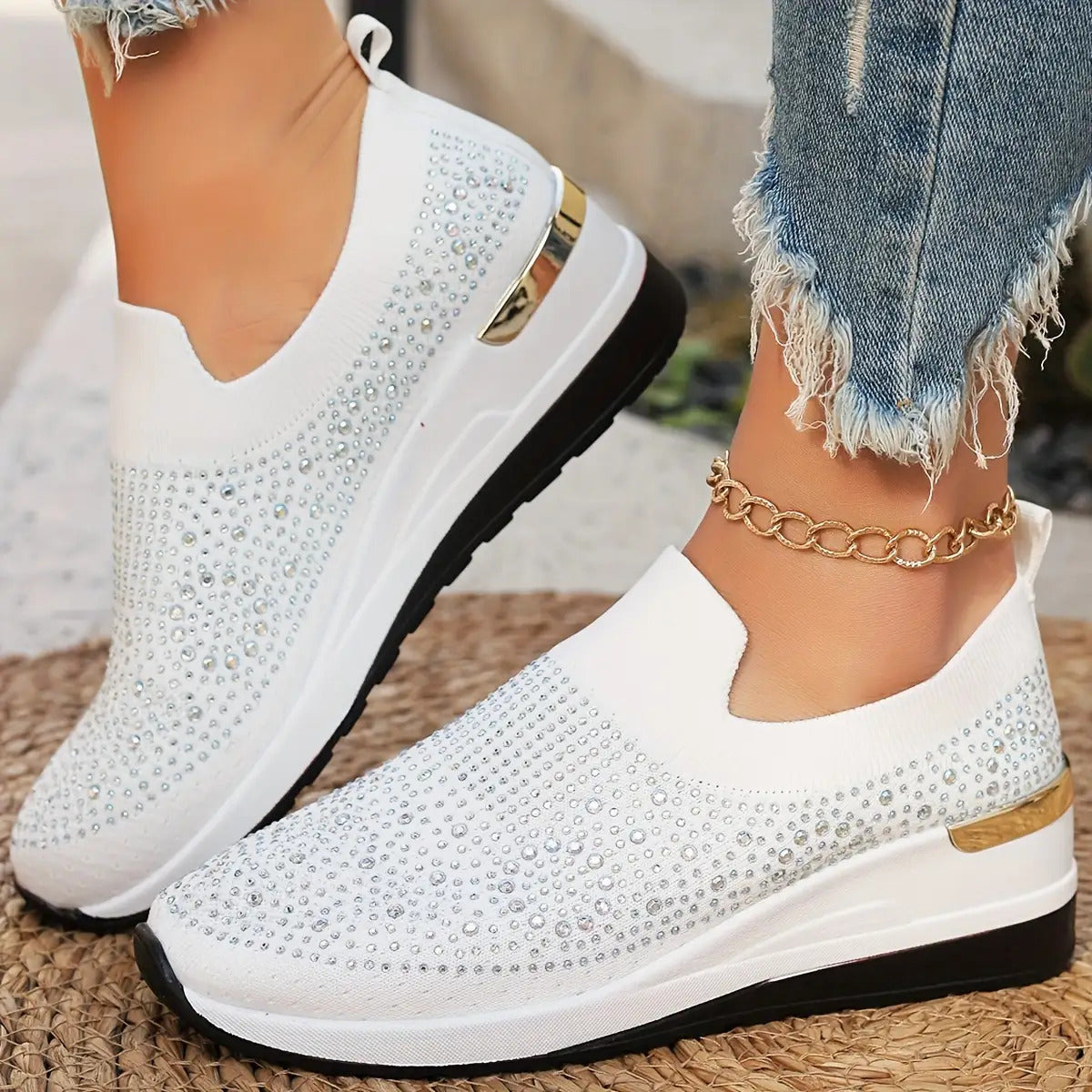1 Pair Women'S Rhinestone-Studded Sneakers, Breathable Knit Upper Wedge Heel Shoes with Golden Accents, Comfortable Sparkly Casual Footwear for Daily Wear, Shopping & Party, Women Shoes