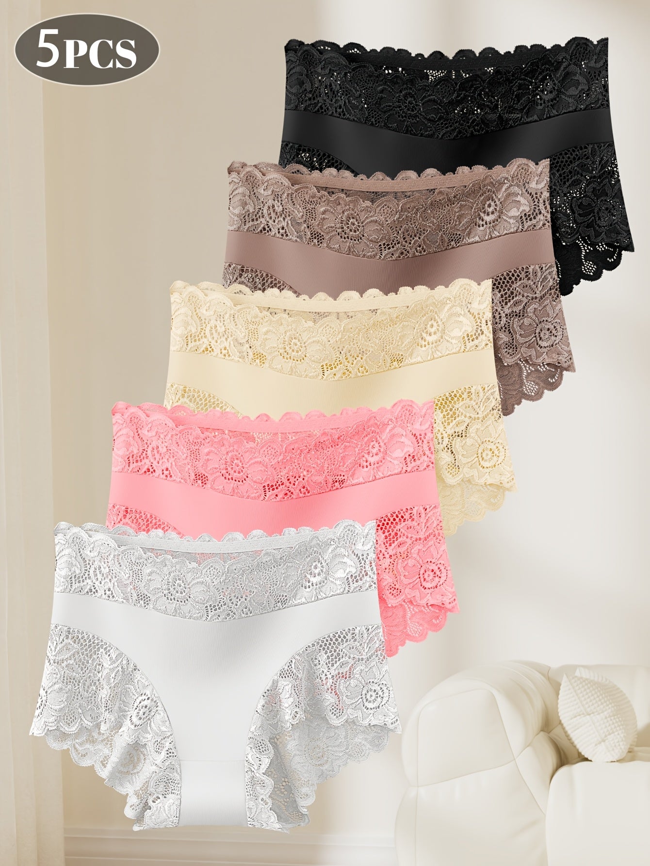 5 Pack Womens Lace Panties Elegant Lace Trim Mid Rise Underwear Soft Breathable Fabric Comfortable Fit Lightweight Stretchy Feminine Briefs Perfect for Date Night Party or Casual Attire Sizes S to XXL, Party Lingerie, Casual Attire, Stylish Underwear