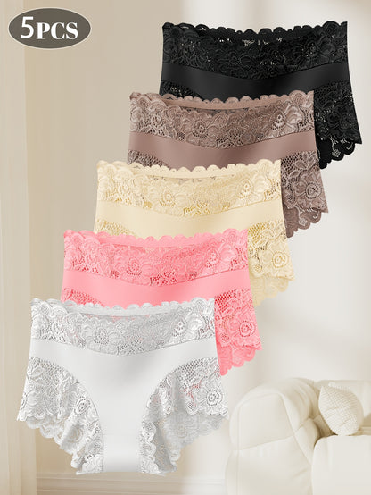5 Pack Womens Lace Panties Elegant Lace Trim Mid Rise Underwear Soft Breathable Fabric Comfortable Fit Lightweight Stretchy Feminine Briefs Perfect for Date Night Party or Casual Attire Sizes S to XXL, Party Lingerie, Casual Attire, Stylish Underwear