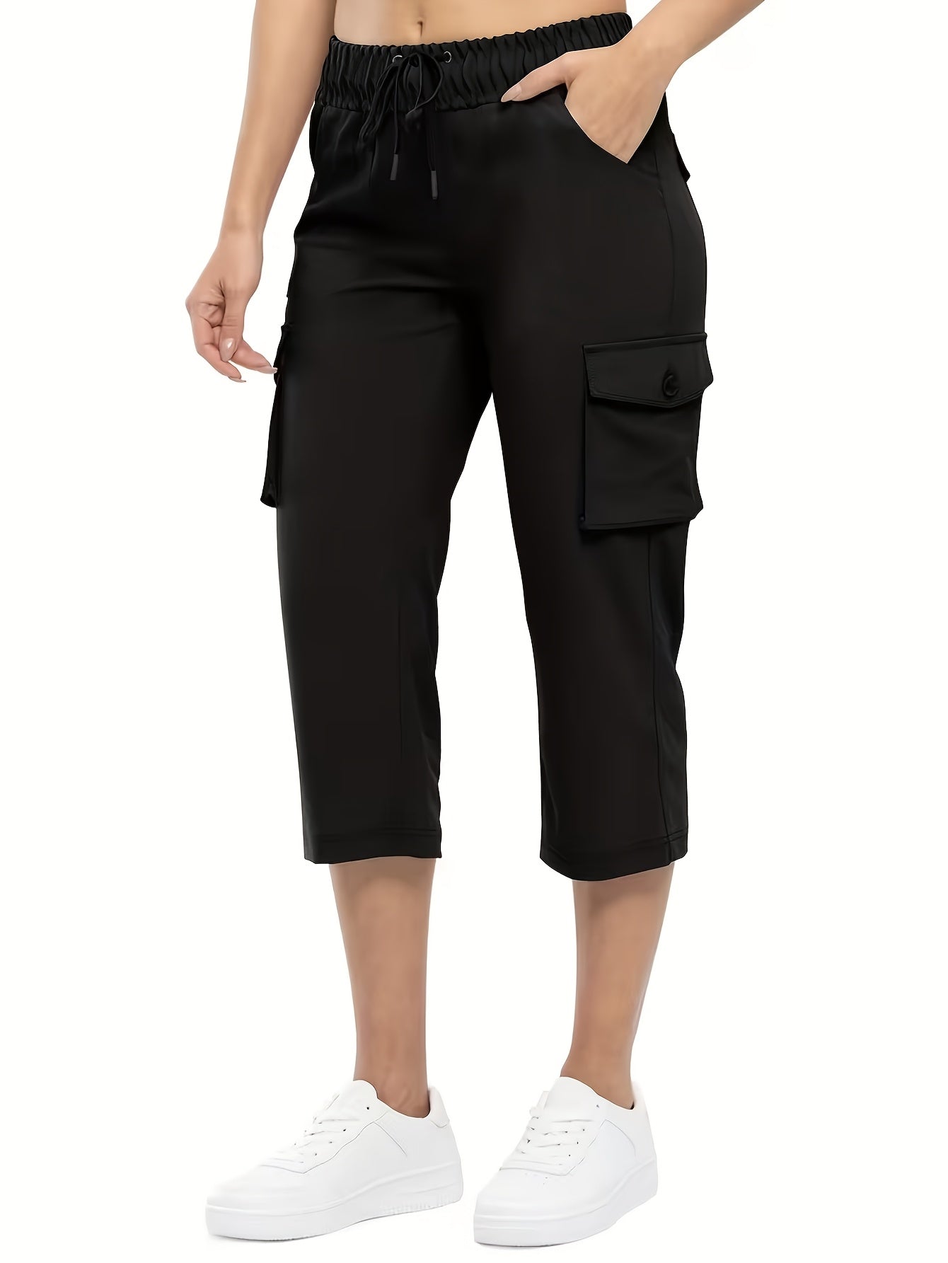 3pcs Women'S Fashionable Cargo Capri Pants for Summer, with Elastic Waistband And Pockets - Casual Sports Capri Pants, Breathable Blend