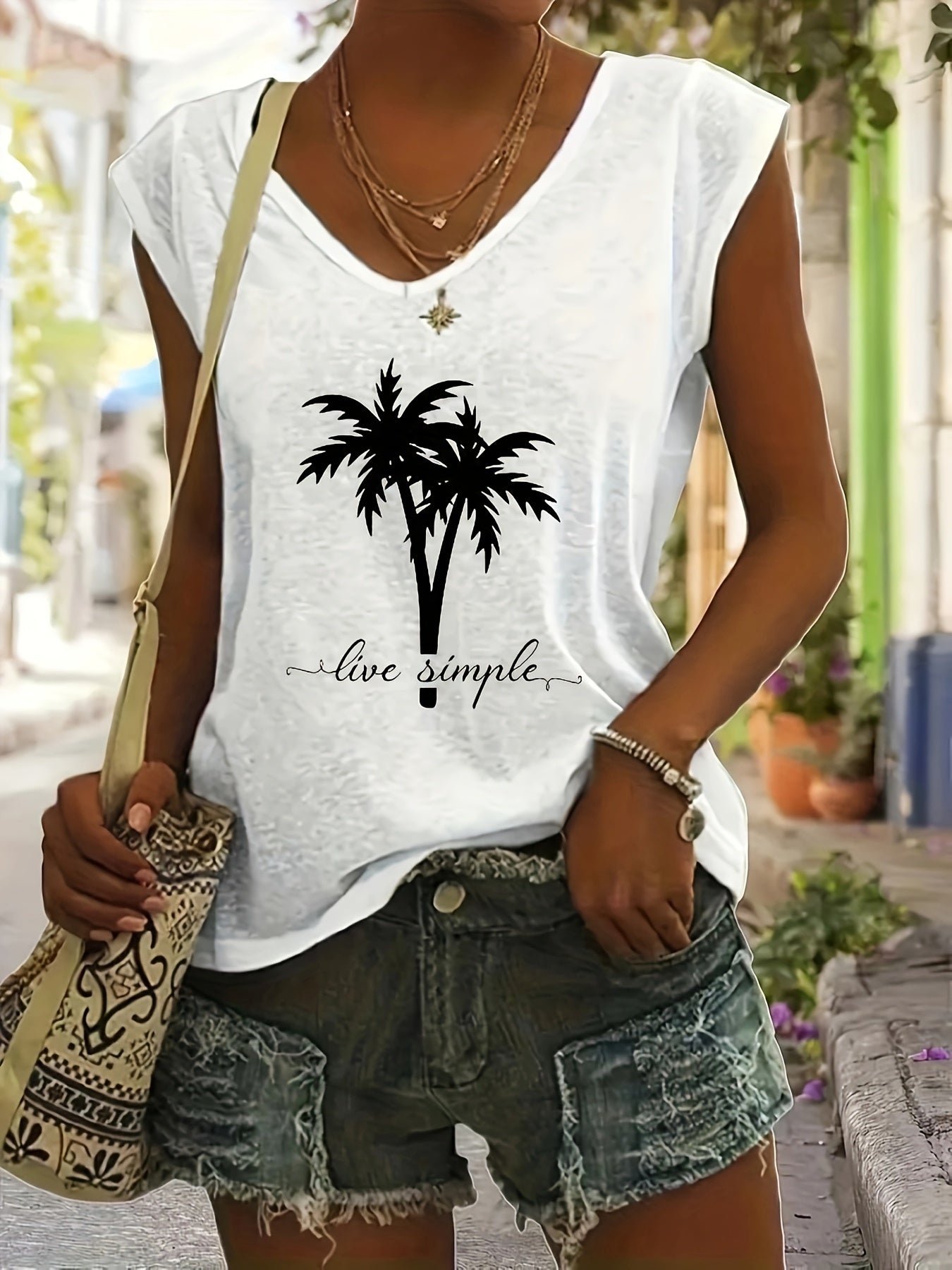 Loose Fit V-neck Short Sleeve T-shirt, Geometric Palm Tree Design- Summer Casual Top, Machine Washable