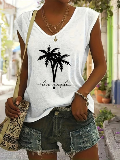 Loose Fit V-neck Short Sleeve T-shirt, Geometric Palm Tree Design- Summer Casual Top, Machine Washable